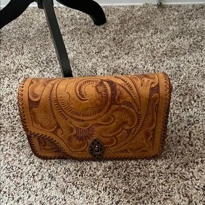 Vintage Hand-Tooled Floral Tan Leather Clutch